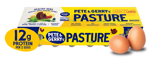 Pete & Gerry's Pasture Raised eggs packaging with two eggs