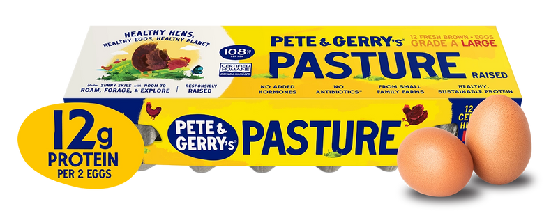 Pete & Gerry's Pasture Raised eggs packaging with two eggs