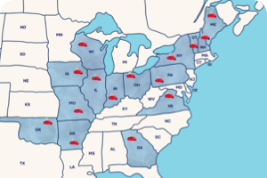 map of us states with partner farms pete & gerry's organic eggs. Highlighted states: WI, IA, IL, MO, OK, AR, IN, OH, VA, GA, PA, NY, VT, NH, ME