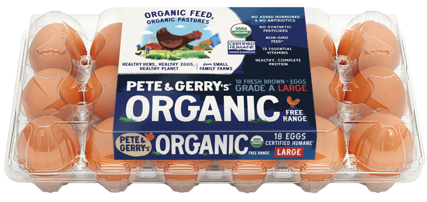 A clear plastic carton of Pete & Gerry's organic eggs